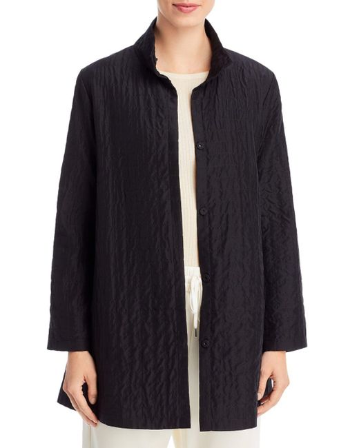 Eileen Fisher Silk Stand Collar Long Jacket in Blue Lyst