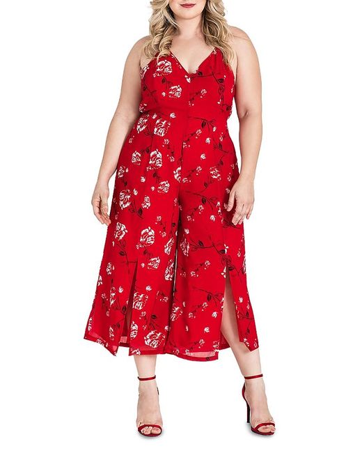 Standards & Practices Red Plus Floral Halter Front Split Capri Jumpsuit