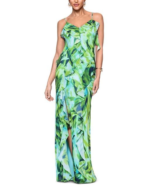 Aqua Green Printed Ruffle Chiffon Maxi Dress
