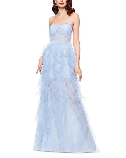 Aqua Blue Strapless Lace Tulle Ruffle Gown