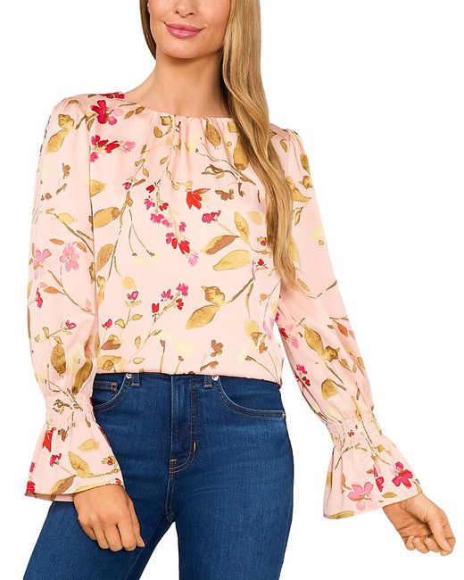 Cece Red Printed Smocked Cuff Crewneck Blouse