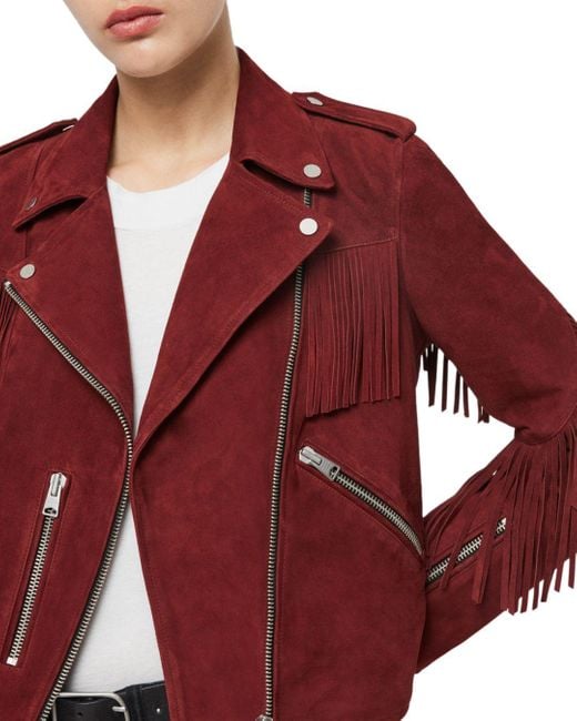 AllSaints X Fringe Trim Suede Biker Jacket in Red Lyst