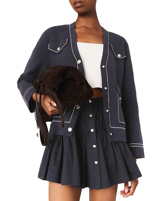 Maje Black Long Topstitched Knit Cardigan Sweater