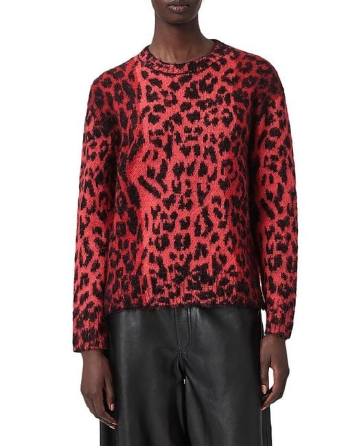 AllSaints Red Lex Leopard Print Crewneck Sweater