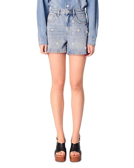Maje Blue Denim Shorts With Embroidered Beads