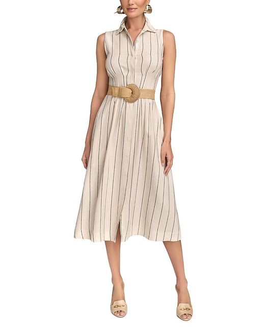 Donna Karan Natural Linen Blend Belted A Line Dress