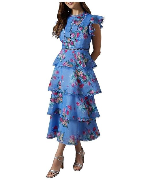Coast Lace Trim Tiered Organza Midi Dress in Blue | Lyst