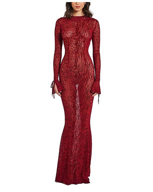 Miss Circle Women's Red Waylynn Burnout Velvet Detail Mesh Backless Maxi Dress Miss Circle Women's Red Waylynn Burnout Velvet Detail Mesh Backless Maxi Dress