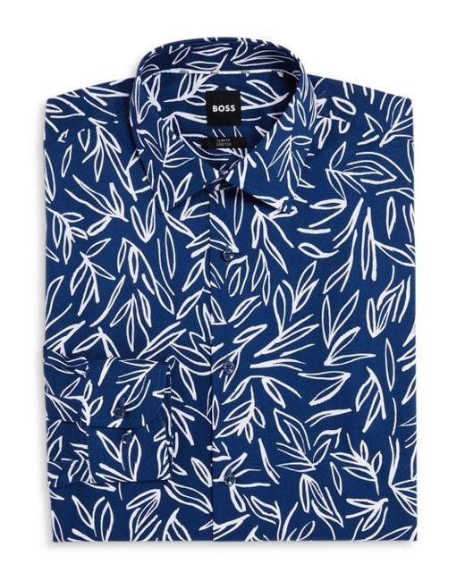 BOSS by HUGO BOSS Hank Stretch Cotton Leaf Print Slim Fit Dress Shirt