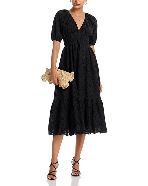 Aqua Black Eyelet V Neck Midi Dress