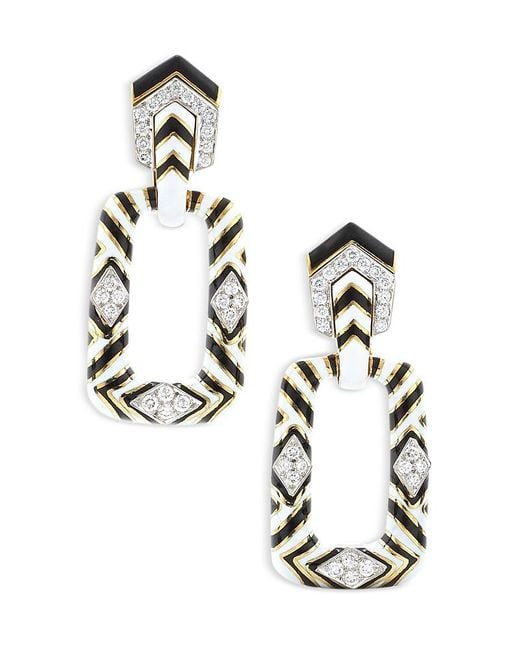 David Webb Metallic 18K & Platinum Manhattan Minimalism Diamond & Enamel Striped Rectangular Drop Earrings