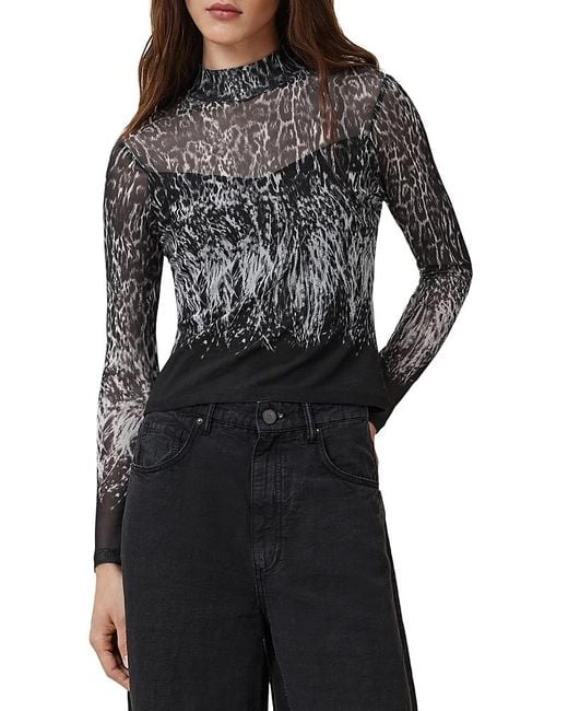 AllSaints Black Elia Mesh Mock Neck Top