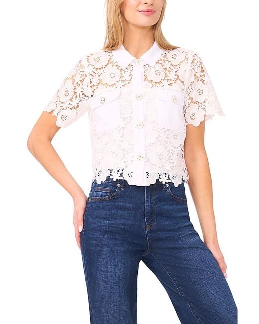 Cece Blue Patch Pocket Short Sleeve Button Down Blouse