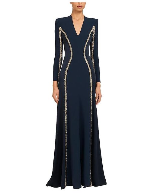 Jenny Packham Ghost Orchid Embellished Long-Sleeve Maxi Dress in Blue