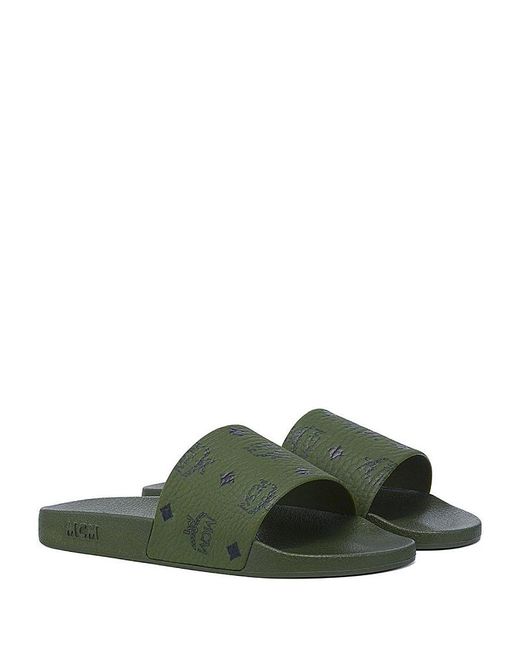 MCM Green Monogram Print Rubber Slides for men