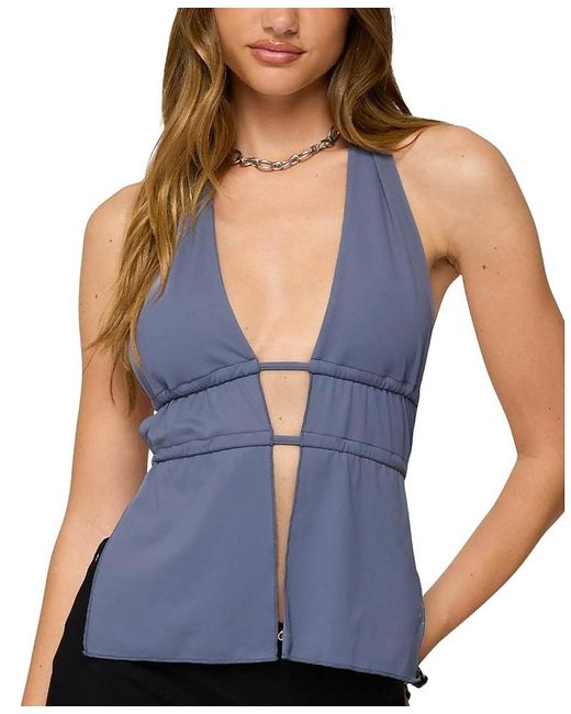 Edikted Blue Nikole Split Front Backless Halter Top