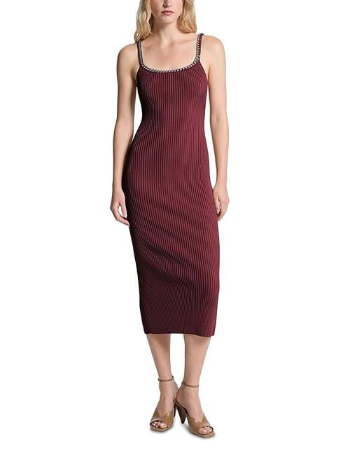 Michael Kors Red Chain Trim U Neck Rib Dress