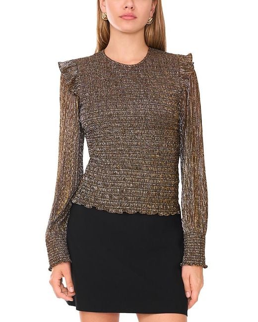 1.STATE Brown Smocked Ruffle Shoulder Blouse