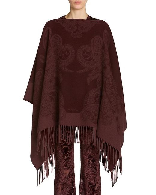Etro Purple Wool Paisley Fringe Trim Poncho