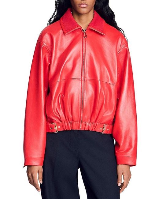 Sandro Red Clemy Zip Front Leather Jacket