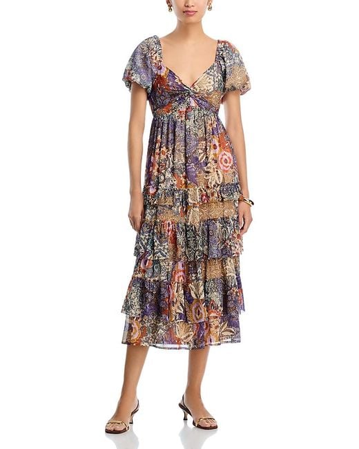 Aqua Multicolor Metallic Floral Print Midi Boho Dress