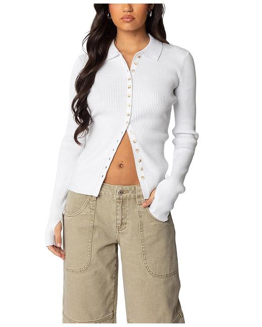 Edikted White Mirielle Ribbed Knit Cardigan