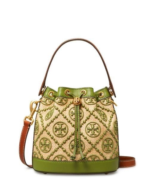 Tory Burch T Monogram Straw Bucket Bag in Natural (Green) Lyst