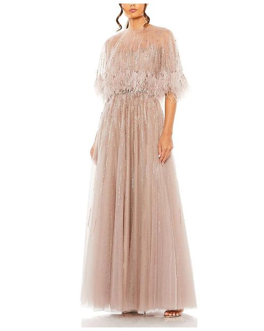 Mac Duggal Natural Embellished A Line Dress With Feather Detail Cape