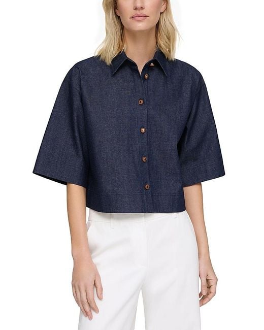 Lafayette 148 New York Blue Button Front Cropped Top