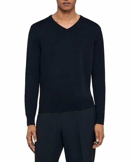 Sandro Blue Merino Wool V-Neck Sweater for men