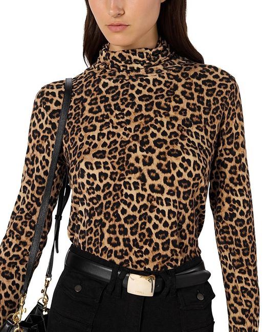 Gerard Darel Brown Helene Mock Neck Leopard Print Top