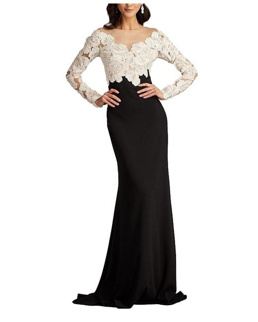 Tadashi Shoji Women's Black Golie Embroidered Bodice Illusion Gown