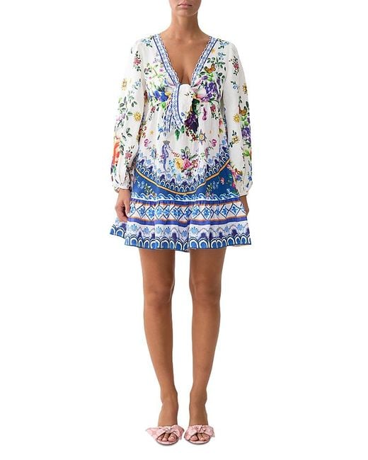 Camilla Blue Tie Front Blouson Sleeve Mini Dress