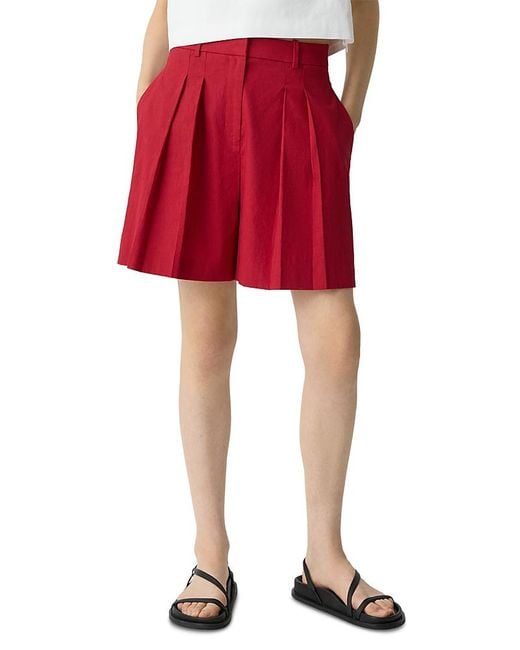 Theory Red Pleated Linen Shorts