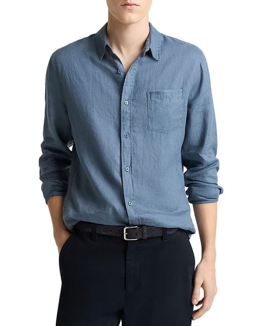 Vince Blue Solid Linen Button Down Shirt for men