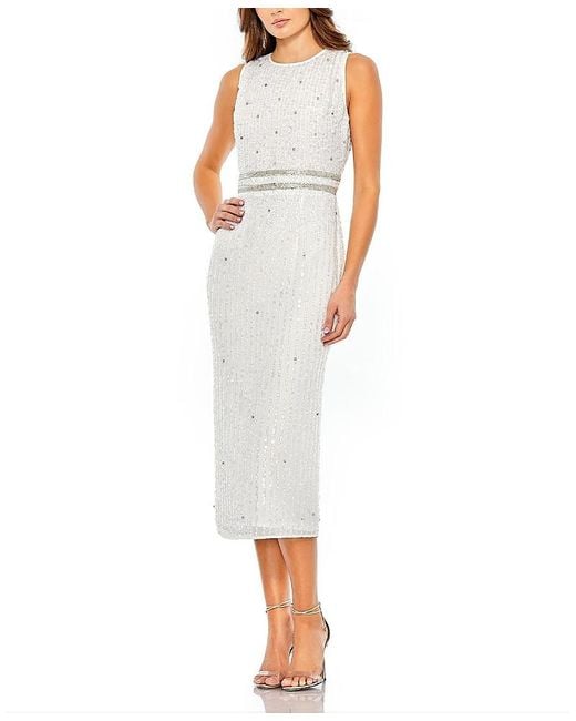 Mac Duggal Women's White Sleeveless High Neck Beaded Midi Sheath Dress -  www.benaras.co