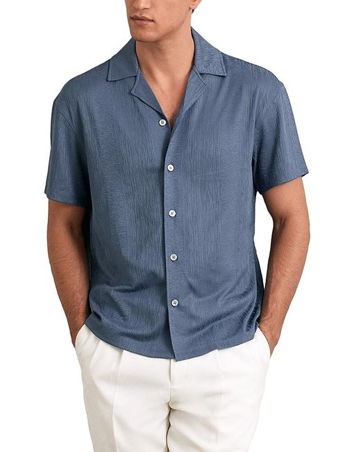 Reiss Blue Stripe Jacquard Regular Fit Button Down Short Sleeve Cuba Shirt for men