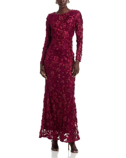 Aqua Women's Red Long Sleeve 3D Floral Mesh Dress - www.disolcolor.com