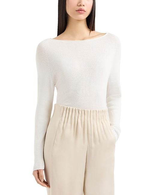 Emporio Armani White Cotton Raglan Sleeve Ribbed Sweater