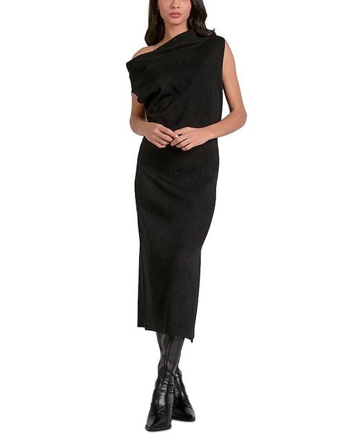 off shoulder black knit dress HATCH Collection The Softsculpt Knit Off The Shoulder Dress in Black
