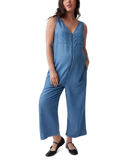 Ingrid & Isabel Blue Maternity Zip Front Cropped Wide Leg Jumpsuit