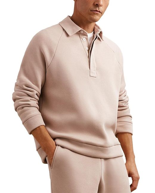 Reiss Natural Costello Long Sleeved Jersey Fleeceback Open Collar Polo Sweater for men