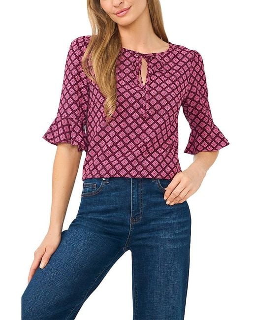Cece Blue Split Tie Neck Ruffle Top