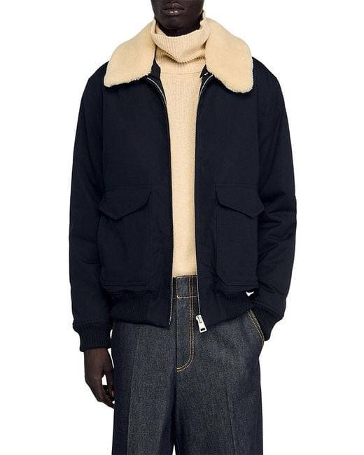 Sandro Blue Shearling Collar Aviator Jacket for men