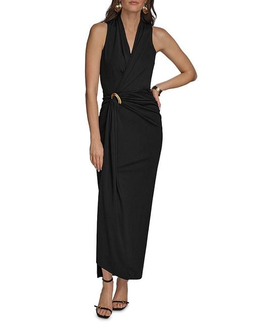 Donna Karan Black Ruched Hardware Trim Gown