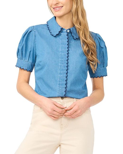 Cece Blue Scallop Trim Button Up Top