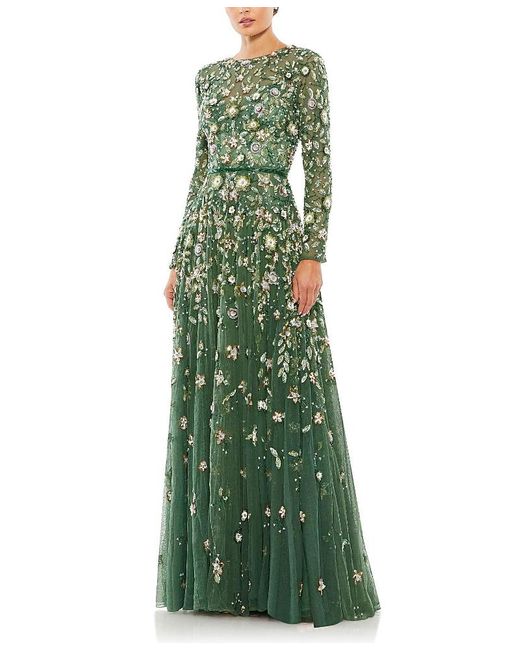 Mac Duggal Green Floral Applique Long Sleeve Illusion Gown