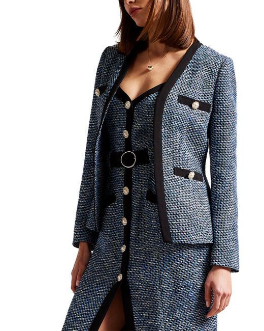 Ted Baker Diniia V Neck Boucle Jacket in Blue Lyst
