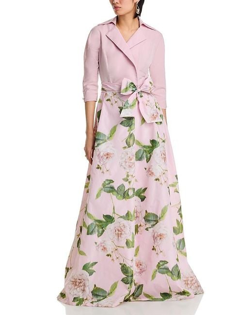 Teri Jon Women's Pink Taffeta Floral Print Shirt Dress Gown
