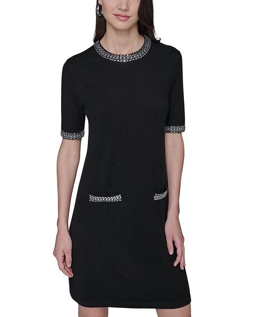 Karl Lagerfeld Black Rhinestone Trim A Line Dress
